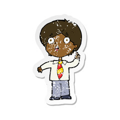 retro distressed sticker of a cartoon schoolboy answering question