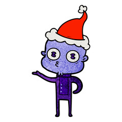 textured cartoon of a weird bald spaceman wearing santa hat