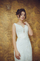 Portrait of a beautiful bride woman in elegant white wedding dress. Luxurious apartments. 