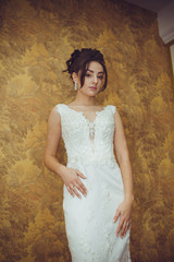 Portrait of a beautiful bride woman in elegant white wedding dress. Luxurious apartments. 