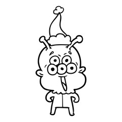 happy line drawing of a alien wearing santa hat