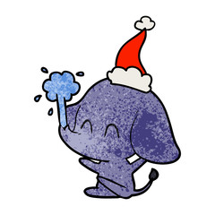 cute textured cartoon of a elephant spouting water wearing santa hat