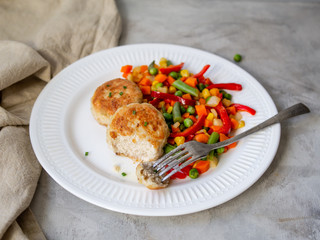 Chicken cutlets with steamed Mix vegetables, Chicken meat balls on white plate. Heathy lunch, diet food. Selective focus, close up.