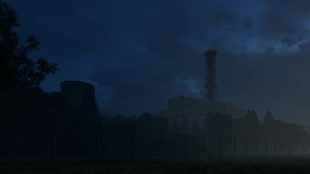 3d render UFO hovering over old soviet nuclear power plant	