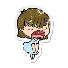 distressed sticker of a cartoon woman talking loudly