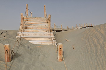 Wooden boardwalks-walkways for visiting the Rawak Stupa. Taklamakan Desert-Xinjiang-China-0021