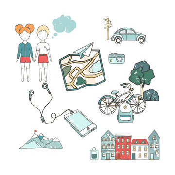 Travel set of tourism icons. Hand drawn vector cartoon illustration. House, map, phone, people, bike