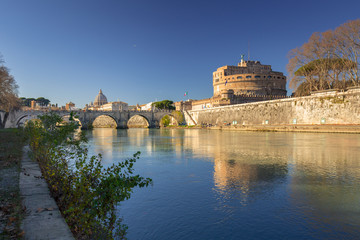 Bridge to the Saint Angel Castle over the Tiber river in Rome, Italy