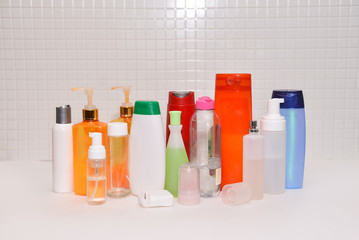 Cosmetics, Moisturizer, Bottle. Different cosmetic bottles on background. set of cosmetic products. Cosmetic package collection for cream, soups, foams, shampoo