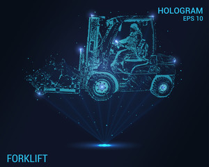 Forklift hologram. Digital and technological background and a forklift. Futuristic forklift design.