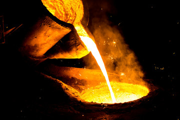 metal casting process with red high temperature fire in metal part factory