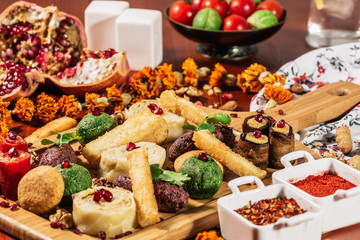 Pkhali, traditional Georgian dish of chopped and minced vegetables, made of cabbage, eggplant, spinach, beans, beets and combined with ground walnuts, vinegar, onions, garlic, pomegranate and herbs