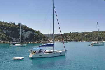 Fototapeta na wymiar Boats near Longos on Paxos island in Greece