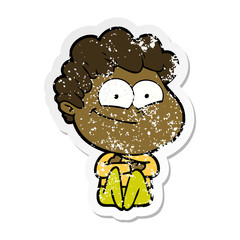 distressed sticker of a cartoon happy man