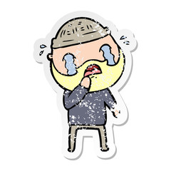 distressed sticker of a cartoon bearded man crying