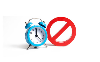 No sign and blue clock on an isolated background. Unavailability at certain hours. Temporary...