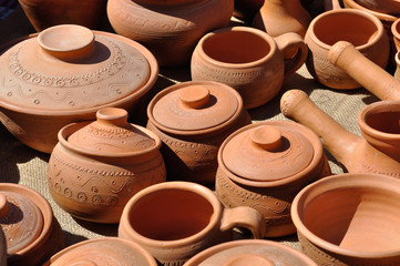 Lots of traditional ukrainian handmade clay pottery production 