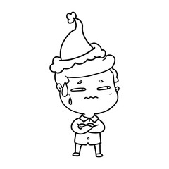 line drawing of a anxious man wearing santa hat