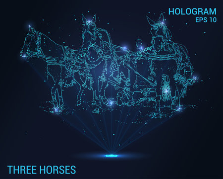 Horse hologram. Digital and technological background of the three horses. Futuristic horse design.