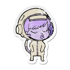 distressed sticker of a cartoon pretty astronaut girl