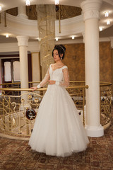 Fototapeta premium beautiful bride in chic dress. delicate bride with long hair. girl in lace dress with loop in studio Bride%27s morning in a stylish interior