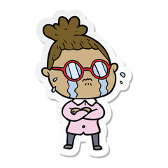 sticker of a cartoon crying woman wearing spectacles