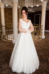 Naklejka premium beautiful bride in chic dress. delicate bride with long hair. girl in lace dress with loop in studio Bride%27s morning in a stylish interior