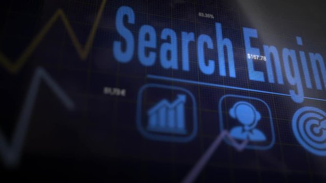 Search Engine business concept on a flashing computer monitor with moving graphs and data.