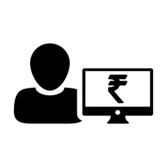 User icon vector male person avatar with computer monitor screen and Rupee sign in flat color in Glyph Pictogram Symbol illustration