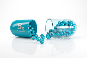 3d rendering of a vitamin capsule with vitamin B12 - cobalamin