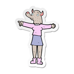sticker of a cartoon pointing werewolf woman
