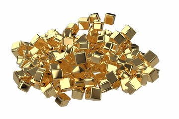 large pile of gold bars in the shape of boxes, 3D illustration isolated on white background. Conceptual depiction of success, wealth, and prosperity