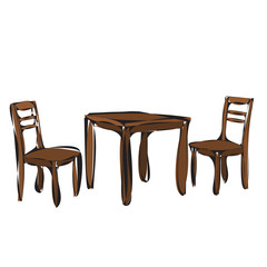  isolated, brown table and chairs, sketch