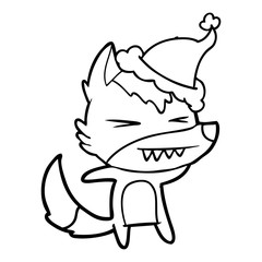 angry wolf line drawing of a wearing santa hat