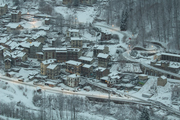Awesome panoramic view on small town in a snowy day