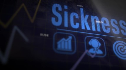 Sickness business concept on a flashing computer monitor with moving graphs and data.