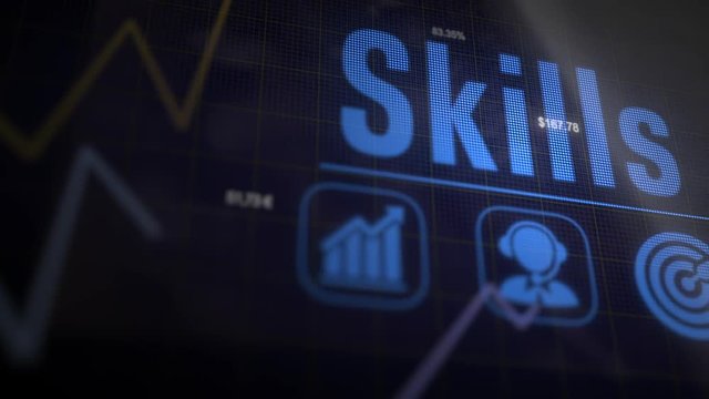 Skills business concept on a flashing computer monitor with moving graphs and data.
