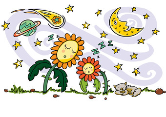 Colourful vector drawing. Cute sleeping sun flowers, cat, crescent moon, planet, comet and shooting stars elements. Quiet good night and space theme.