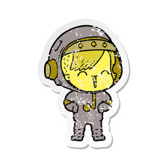 distressed sticker of a happy cartoon space girl