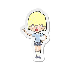 retro distressed sticker of a cartoon waving woman