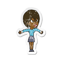 retro distressed sticker of a cartoon annoyed girl