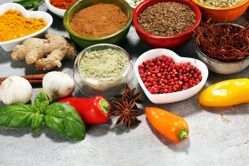 Spices and herbs on table. Food and cuisine ingredients.