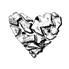 Monochrome broken heart with pen and ink drawing illustration style on white background