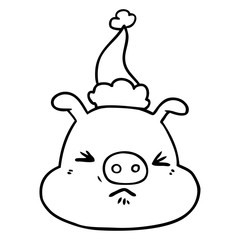 line drawing of a angry pig face wearing santa hat