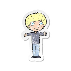 retro distressed sticker of a cartoon happy boy with open arms