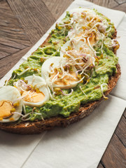 Organic bread with avocado cream and eggs