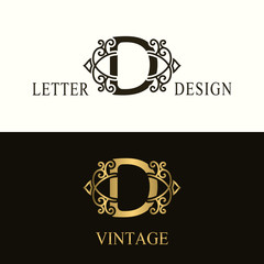 Stylish Capital letter D. Vintage Logo. Filigree Beautiful Monogram. Luxury Drawn Emblem. Graceful Style. Black and Gold. Graphic Ornament. Simple Design of Calligraphic Insignia. Vector Illustration