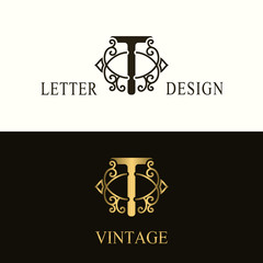 Stylish Capital letter T. Vintage Logo. Filigree Beautiful Monogram. Luxury Drawn Emblem. Graceful Style. Black and Gold. Graphic Ornament. Simple Design of Calligraphic Insignia. Vector Illustration