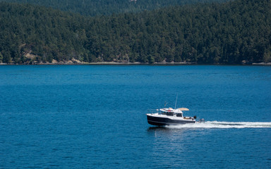 Fototapeta na wymiar small power boat on blue ocean sunny day
