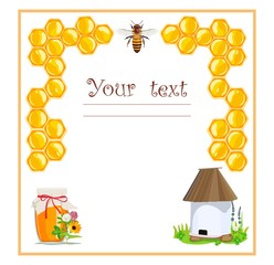 Promo label with bees and honeycomb. Beekeeping products. Vector illustration.